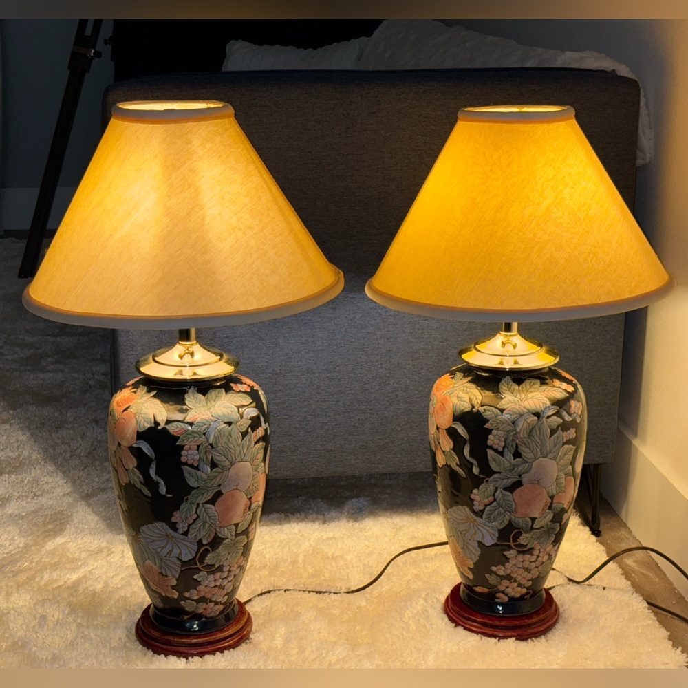 Rare Chinoiserie Style Black Ceramic & Brass Table Lamps Mid 20th Century a Pair